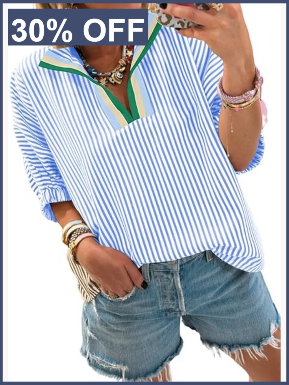 Short Sleeve V-Neck Striped Blouse - Loose Fit Casual Tee